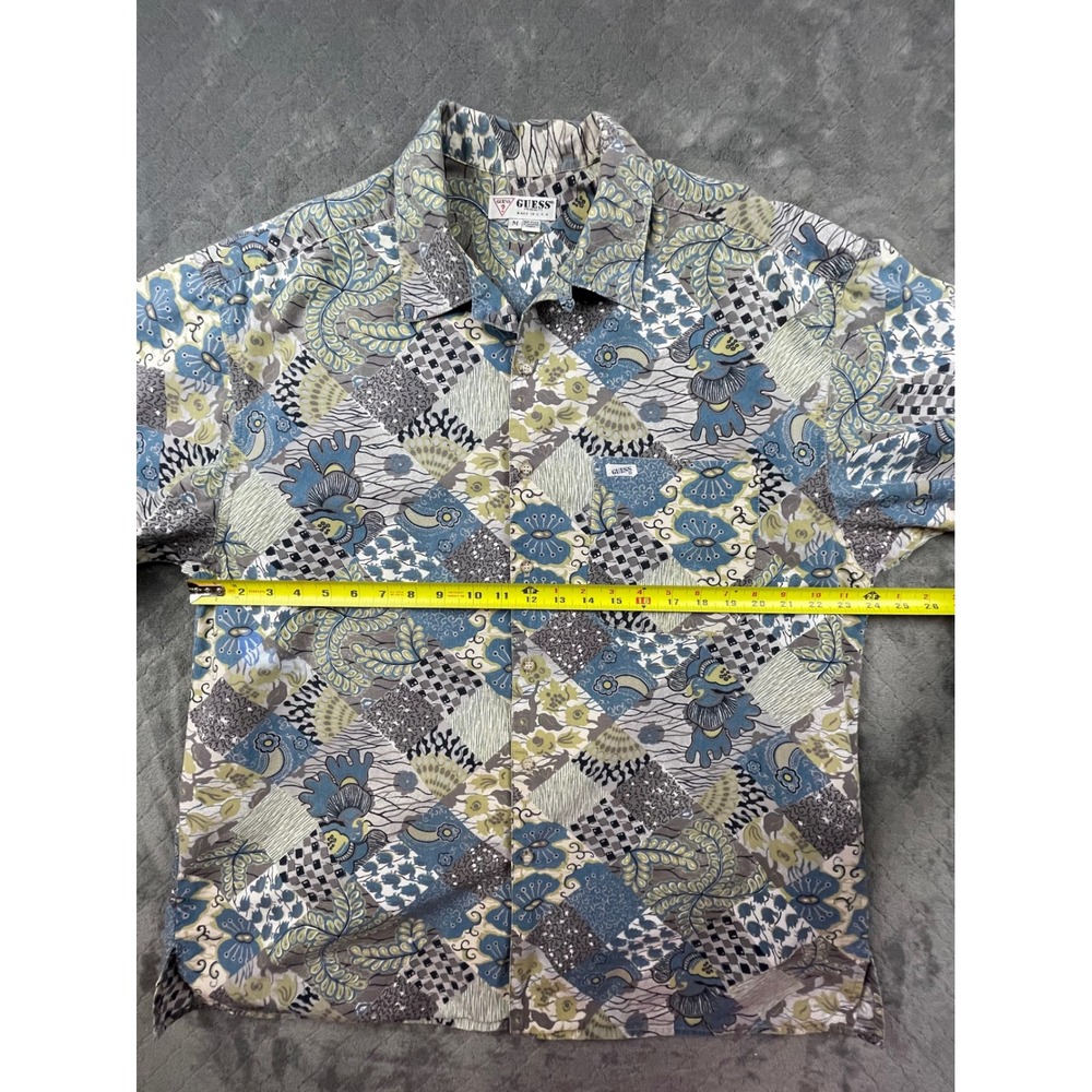 Vintage 90s Guess Mens M 100 Cotton USA Short Sleeve Button Up Shirt Patchwork - Picture 5 of 11